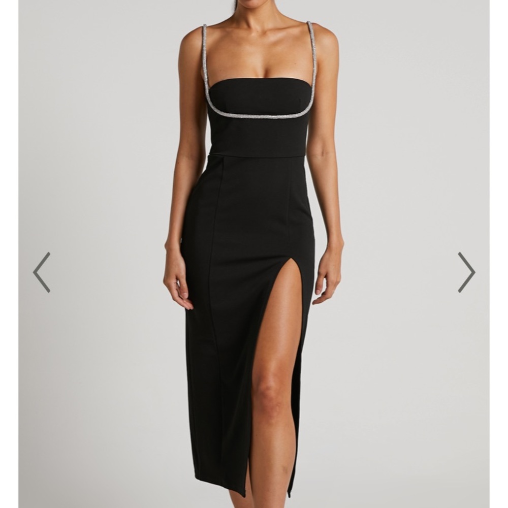 Showpo SHARLEY MIDI DRESS - DIAMANTE DETAIL PENCIL DRESS IN BLACK